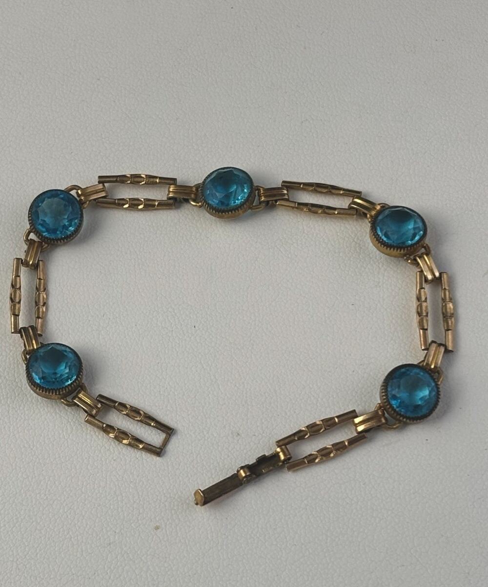 Simmons Signed Gold Filled Blue Paste 6.5” Fancy Etch Linked Bracelet 1930s